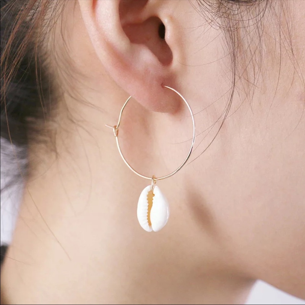 Drop Cowrie Shell Hoops 1” - Picture 2 of 4